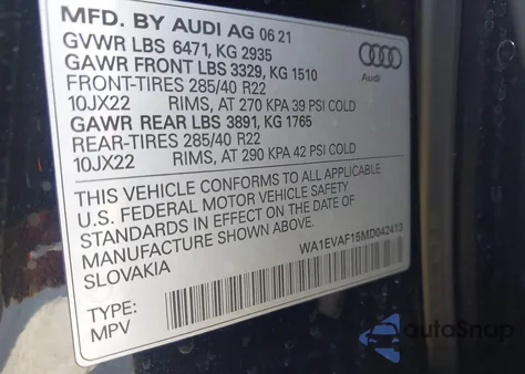 2021 Audi Q8 Premium Plus 55 Tfsi Quattro Tiptronic z USA, uszkodzony, nr VIN WA1EVAF15MD042413